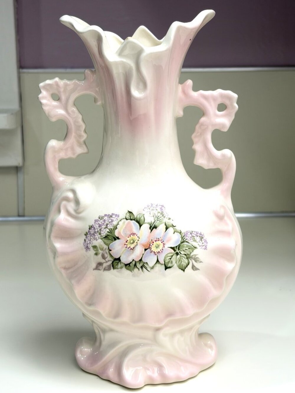 Vintage Pink White Floral Ceramic Vase Ornate Double Handle